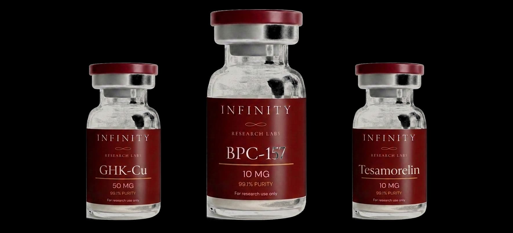 Infinity Research Labs GHK-Cu, BPC-157, and Tesamorelin vials